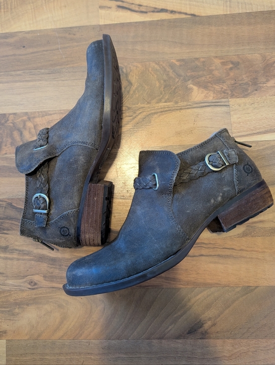 Born Shoes - Born Sylvia Braided Strap Low Ankle Boots - Brown Gray